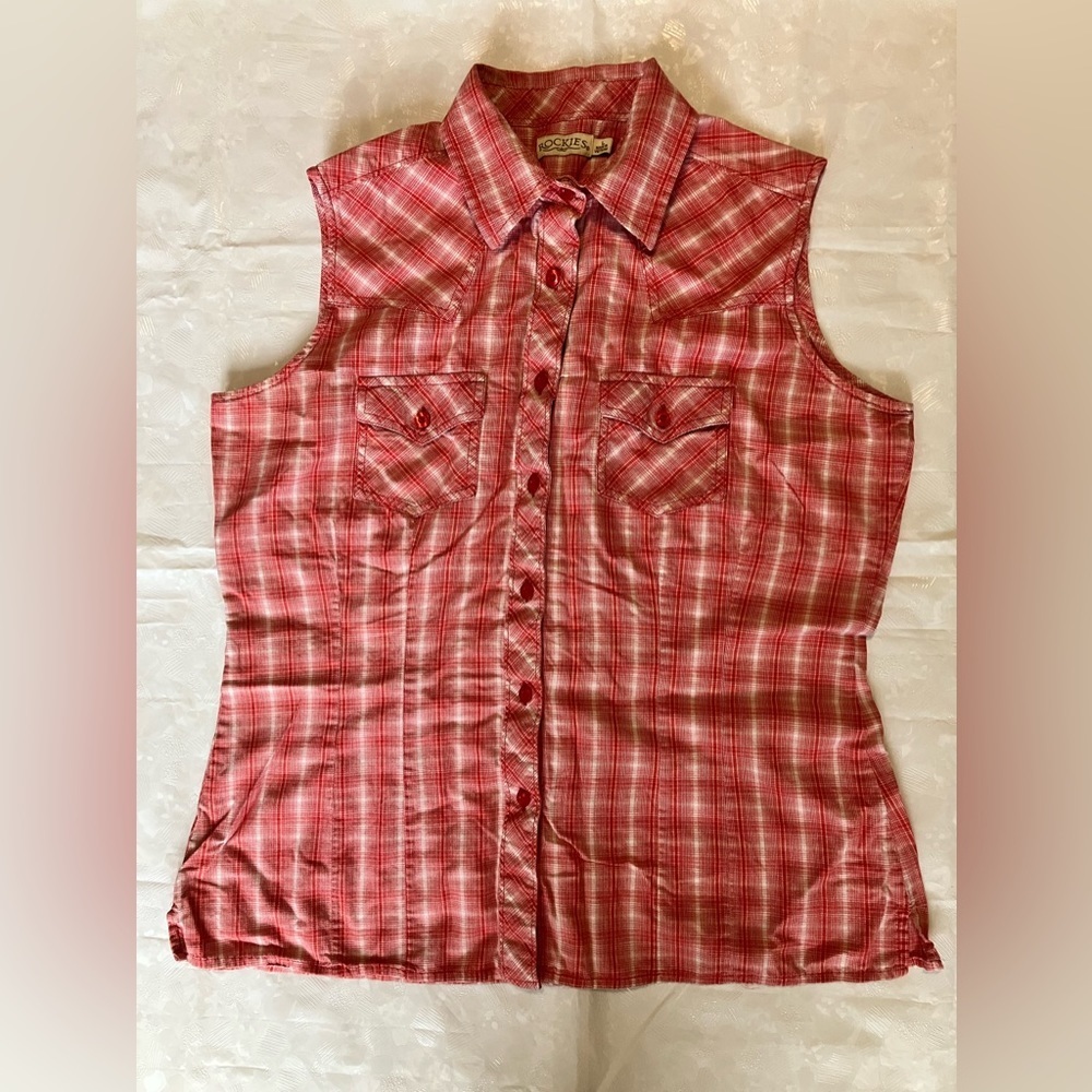 Rockies Red Plaid Sleeveless Button Up front pockets ladies shirt large …